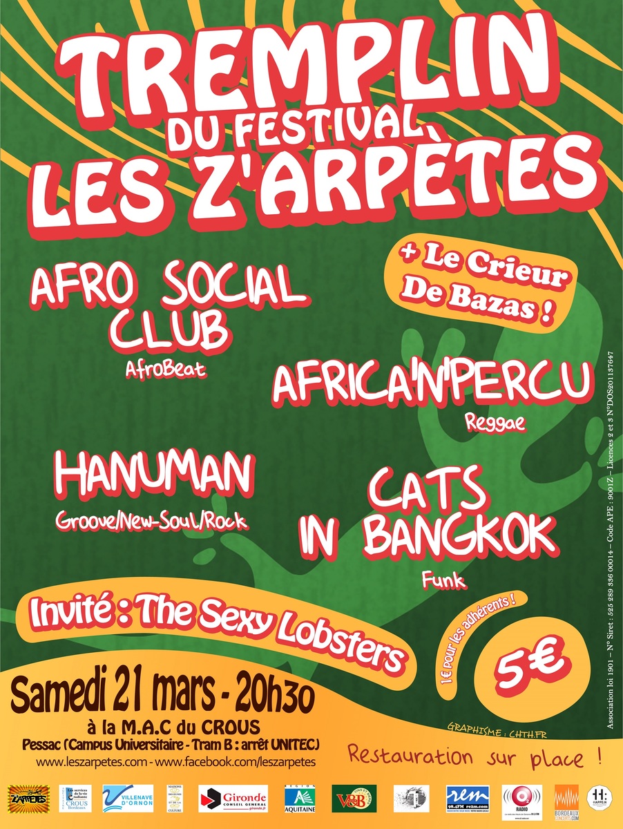 Tremplin du Festival Les Z'Arpètes  Avec Afro Social Club  + AFRICA'N'PERCU + CATS IN BANGKOK + HANUMAN + THE SEXY LOBSTERS